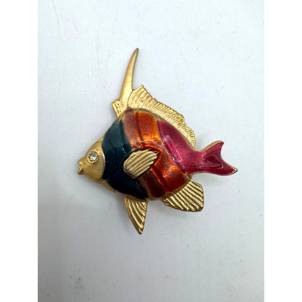 Vintage Gold Tone Multicolor Enamel Tropical Fish Brooch Rhinestone Eye